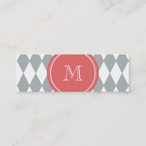 Gray White Harlequin Pattern, Coral Monogram Business Card Template