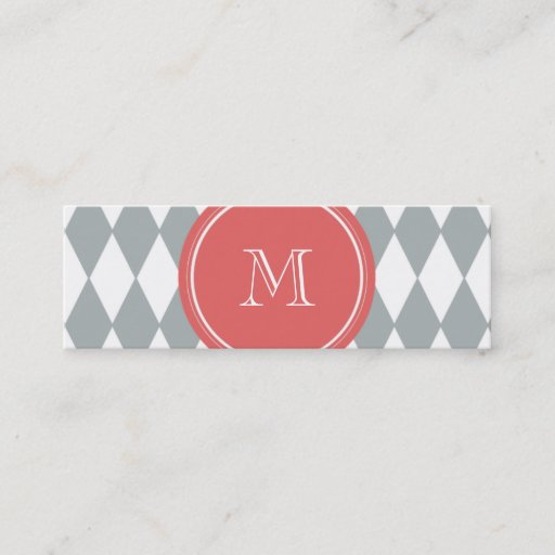 Customizable Gray White Harlequin Pattern, Coral Monogram Business Card Template