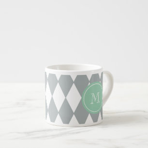 Gray White Harlequin Pattern, Mint Green Monogram Espresso Cup