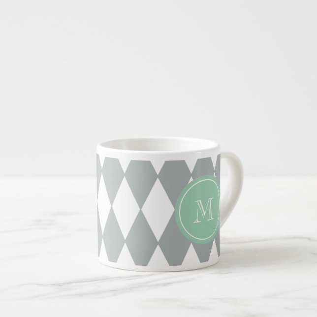 Gray White Harlequin Pattern, Mint Green Monogram Espresso Cup (Front Right)