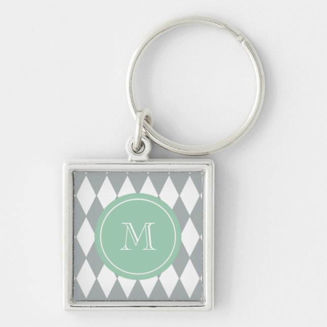 Gray White Harlequin Pattern, Mint Green Monogram Keychain (Front)