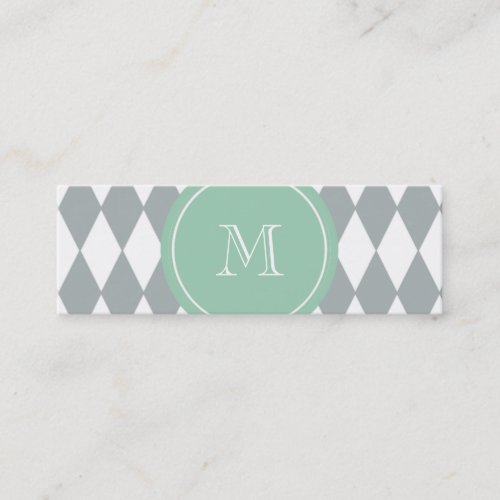 Gray White Harlequin Pattern, Mint Green Monogram Business Card Templates