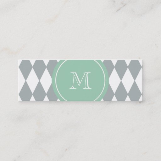 Customizable Gray White Harlequin Pattern, Mint Green Monogram Business Card Templates