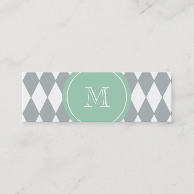 Gray White Harlequin Pattern, Mint Green Monogram Mini Business Card (Front)
