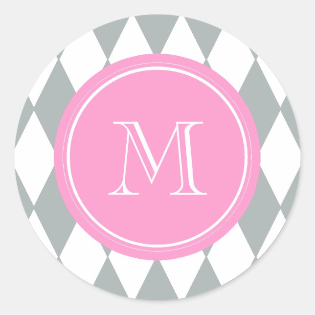 Gray White Harlequin Pattern, Pink Monogram Classic Round Sticker (Front)