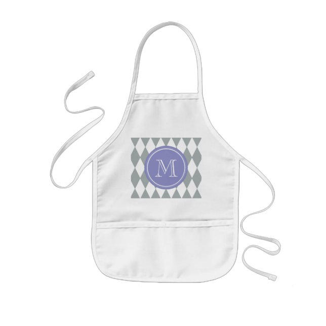 Gray White Harlequin Pattern, Violet Monogram Kids' Apron (Front)