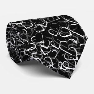 Gray white heart pattern Black background Neck Tie