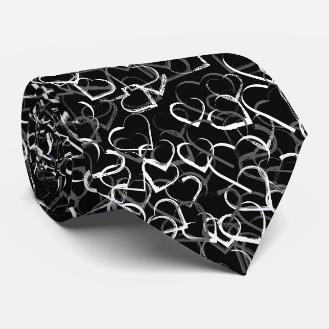 Gray white heart pattern Black background Neck Tie (Rolled)