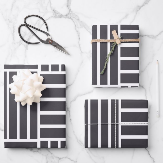 Gray White Horizontal Vertical Stripes Wrapping Paper Sheets (Front)