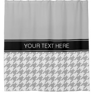 Gray White Houndstooth CB Black Name Monogram Shower Curtain