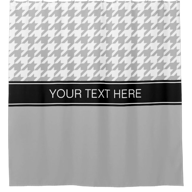 Gray White Houndstooth CB Black Name Monogram Shower Curtain (Front)