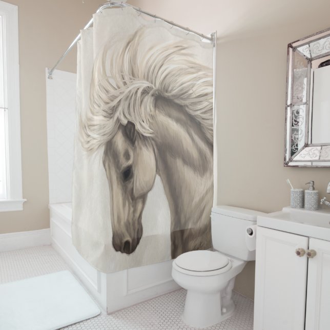 Gray White Ivory Horse Wild Mane Shower Curtain (In Situ)
