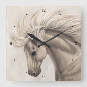 Gray White Ivory Horse Wild Mane Square Wall Clock