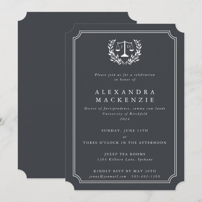 Gray/White JD Law Scales+Laurel Wreath Graduation Invitation (Front/Back)