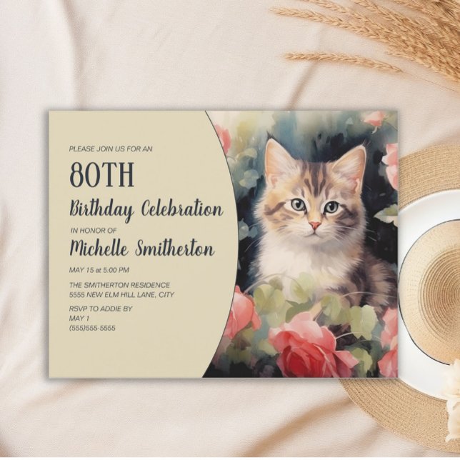 Gray White Kitten 80th Birthday Invitation (Cute gray and white kitten watercolor 80th birthday party invitation)