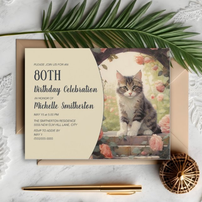 Gray White Kitten Arch 80th Birthday Invitation (Cute gray and white kitten 80th birthday party invitation for women.)