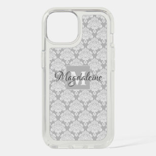 Gray & White Lacy Damask Elegant Monogram & Name iPhone 15 Case