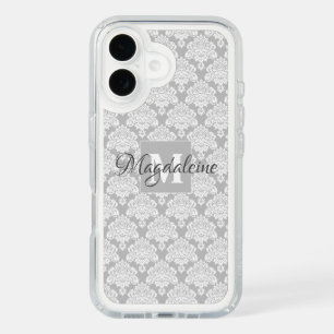 Gray & White Lacy Damask Elegant Monogram & Name iPhone 16 Case