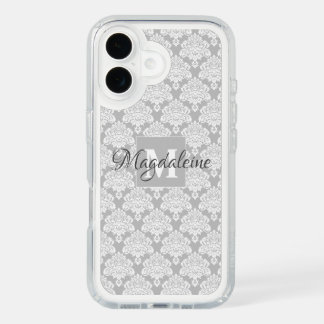 Gray & White Lacy Damask Elegant Monogram & Name iPhone 16 Case