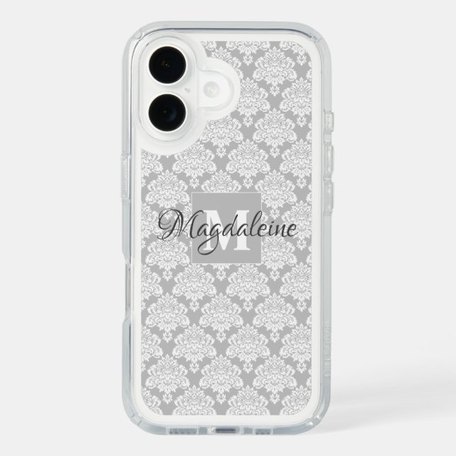 Gray & White Lacy Damask Elegant Monogram & Name Speck iPhone Case (Front)