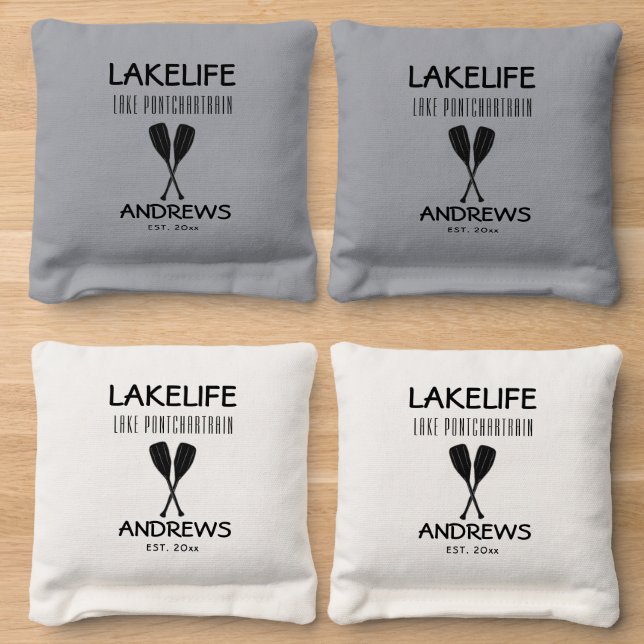 Gray White Lakelife Family  Cornhole Bags (Wood)