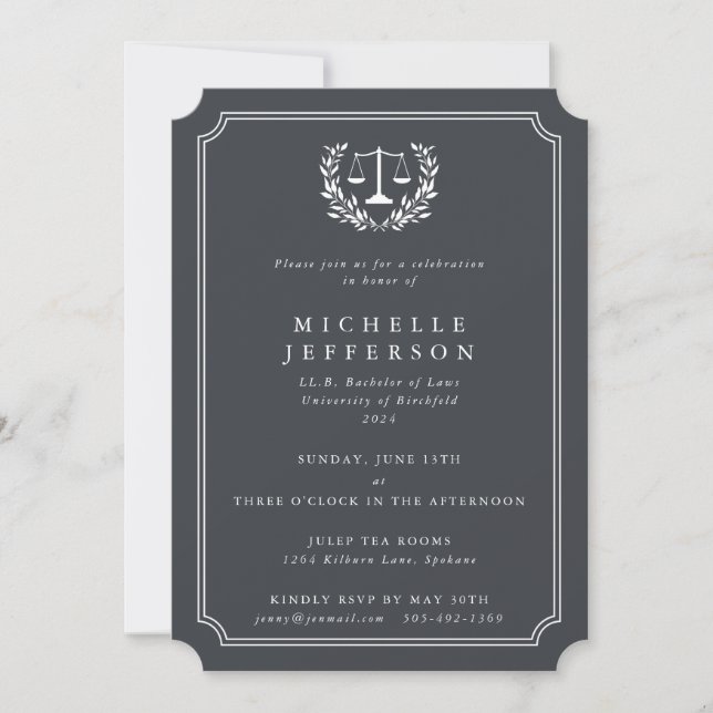 Gray/White Law School Graduation Announcement (Front)