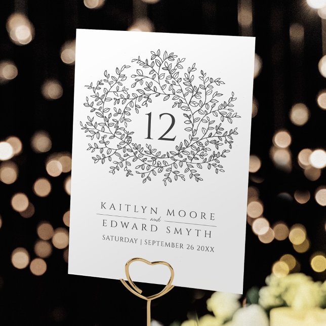 Gray white leaf circle monogram wedding custom table number (Creator Uploaded)