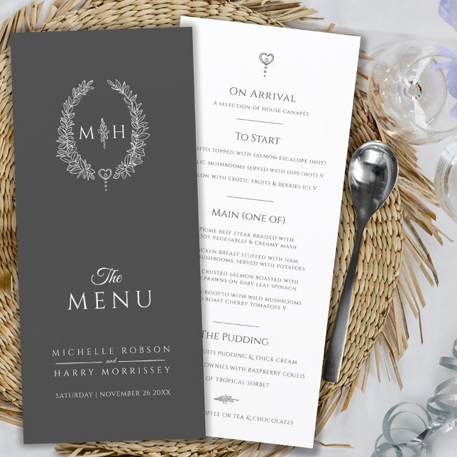 Gray white leaf oval monogram wedding menu (Creator Uploaded)