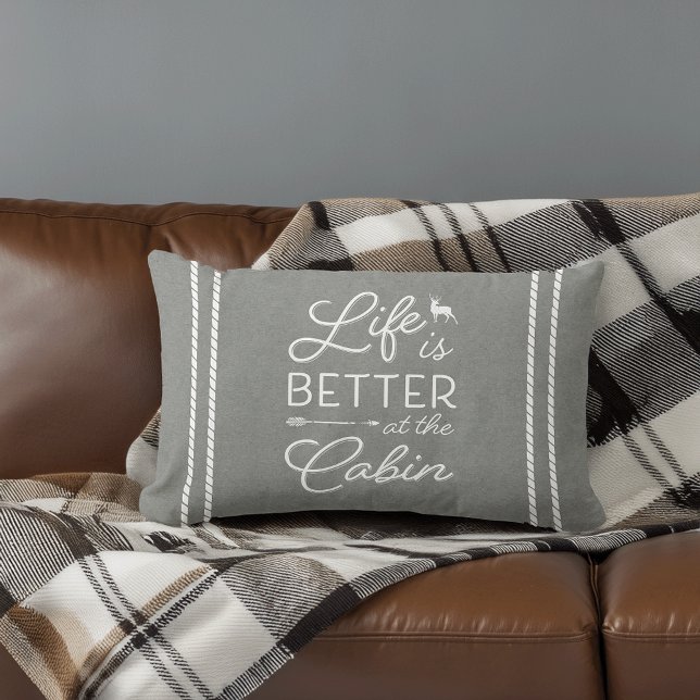 Gray & White Life Is Better At The Cabin Lumbar Pillow (Creator Uploaded)