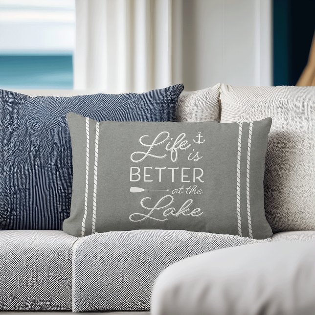Gray & White Life Is Better At The Lake Lumbar Pillow (Creator Uploaded)