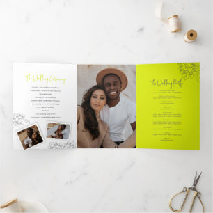 Gray white lime blossom drawing photos wedding Tri-Fold program