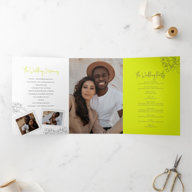 Gray white lime blossom drawing photos wedding Tri-Fold program (Inside)
