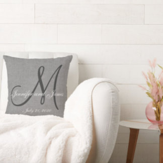 Gray White Linen Monogram Wedding Keepsake Throw Pillow