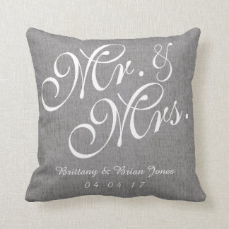 Gray White Linen Mr. and Mrs. Wedding Pillow