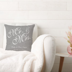 Gray White Linen Mr. and Mrs. Wedding Pillow