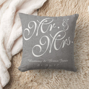 Gray White Linen Mr. And Mrs. Wedding Pillow by monogramgallery at Zazzle