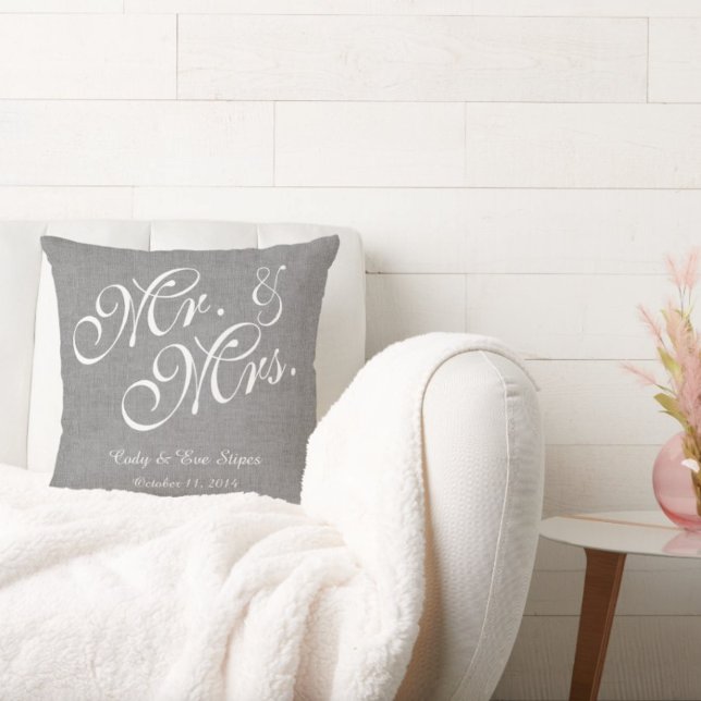 Gray White Linen Mr. and Mrs. Wedding Pillow (Creator Uploaded)
