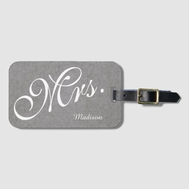 Gray White Linen Newlywed Mrs. Wedding Luggage Tag (Front Horizontal)