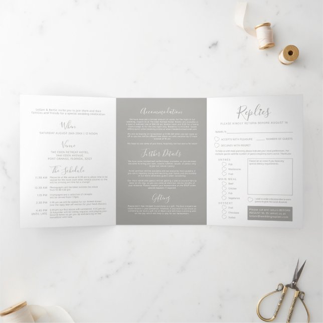 Gray white little heart wedding all-in-one  Tri-Fold invitation (Inside)