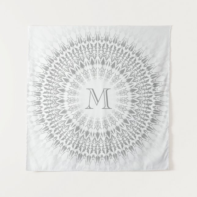 Gray White Mandala Monogram Tapestry (Front)