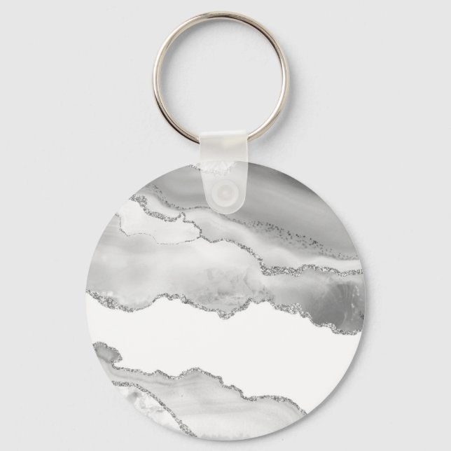 Gray White Marble Agate Simple Silver Glitter Keychain (Front)
