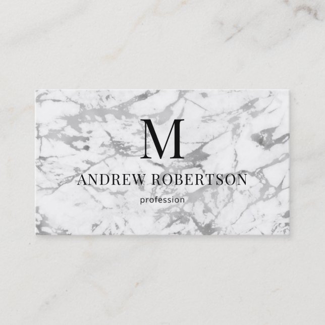 Gray White Marble QR Code Monogram Business Card (Front)