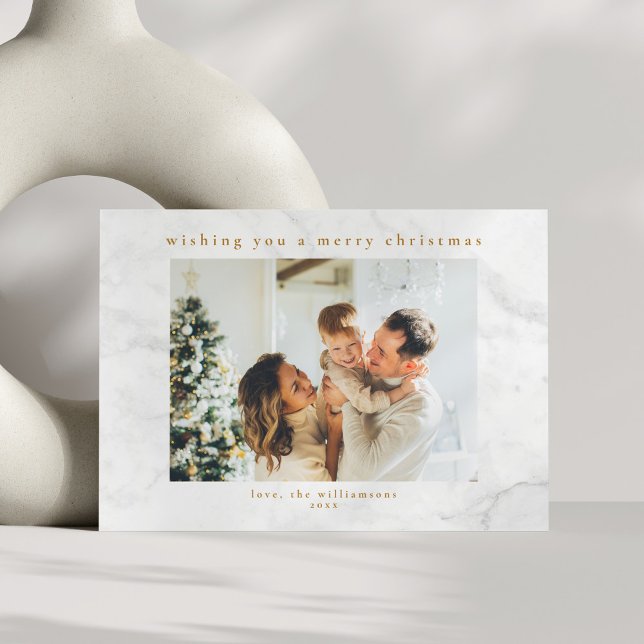 Gray White Marble Two Photo Christmas Horizontal Holiday Card (Creator Uploaded)