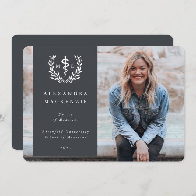 Gray/White MD Asclepius Graduation Photo Announcement (Front/Back)