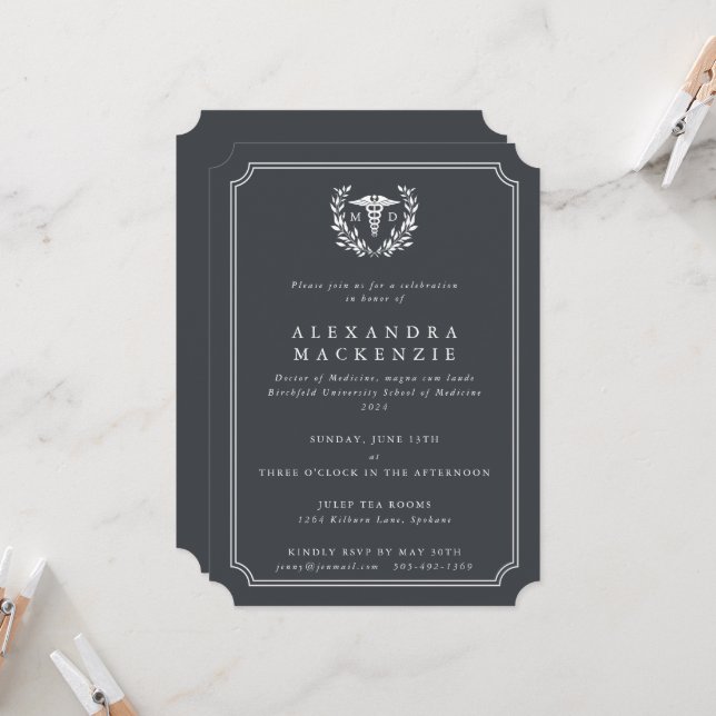 Gray/White MD Caduceus Graduation Invitation (Front/Back In Situ)