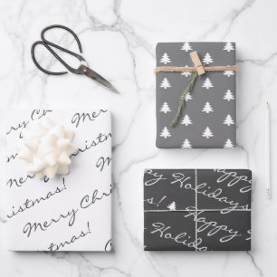 Gray White Merry Christmas Happy Holidays Trees Wrapping Paper Sheets