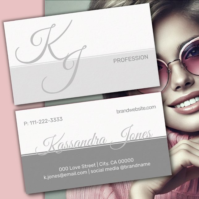 Gray White Minimalist Handlettering Font Initials Business Card (Creator Uploaded)