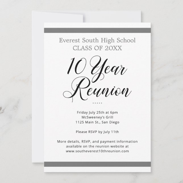 Gray & White Minimalist Ten 10 Year Class Reunion Invitation (Front)