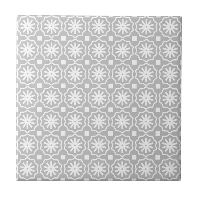 Gray white modern geometric floral pattern ceramic tile (Front)