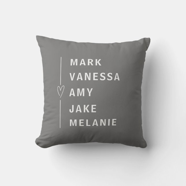 Gray White Modern Names Minimalist Heart Throw Pillow (Front)